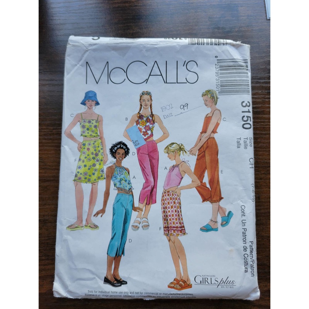2001 McCall's 3150 Pattern - Teen Tank Pants Skirt - Size CH 7-8-10